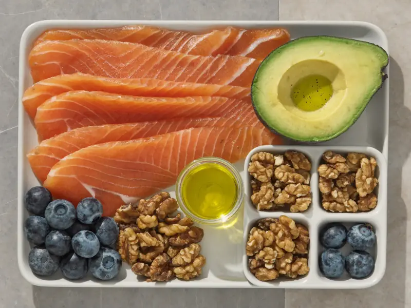 An overhead flatlay of heart-healthy foods.
