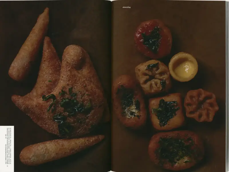 An overhead flatlay of deep-fried snacks glistening with oil.
