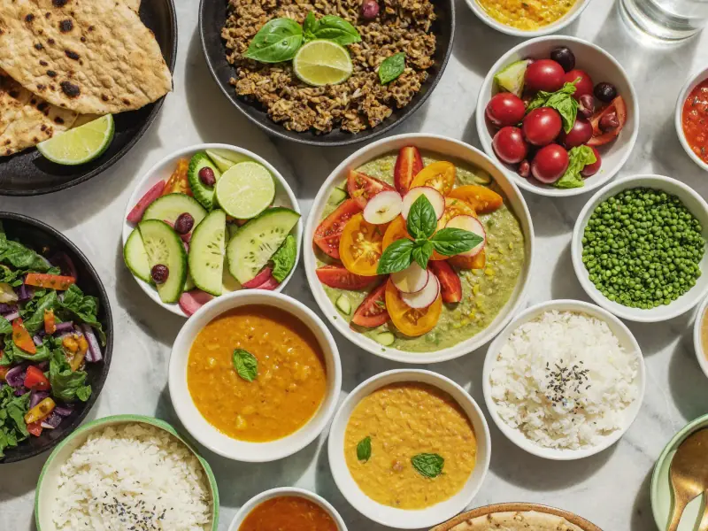 An overhead spread of a colourful, healthy Indian thali.