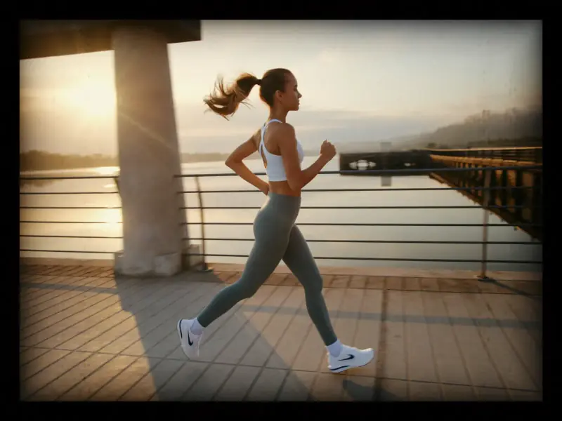A person jogging along a waterfront promenade at sunrise.