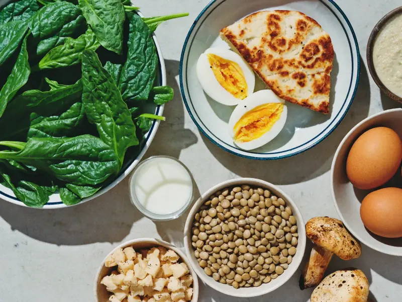 An overhead flatlay of vegetarian foods rich in nutrients.