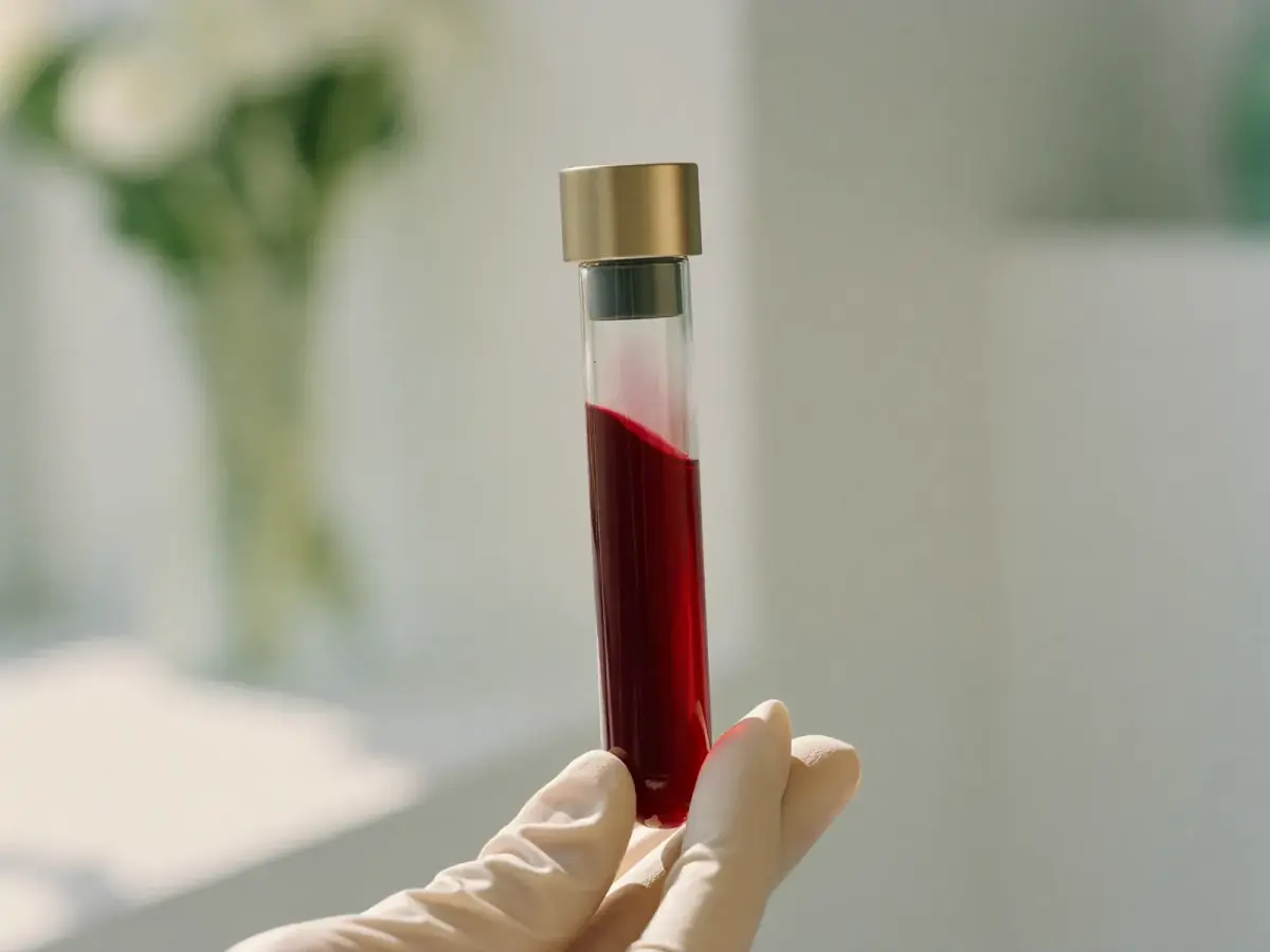 A gloved hand holding a single vial of blood up to the light.