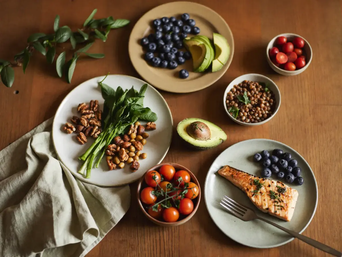 A spread of fresh, colourful wholefoods for a personalised plan.