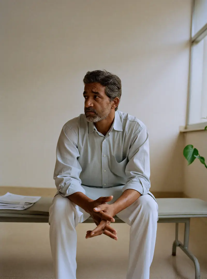 A man waiting on a bench in a quiet, bright clinic.