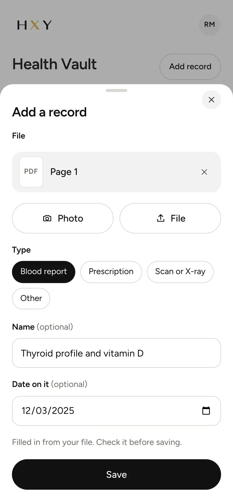 The portal's Add a record screen: a PDF chosen, with its type, name and date already filled in.
