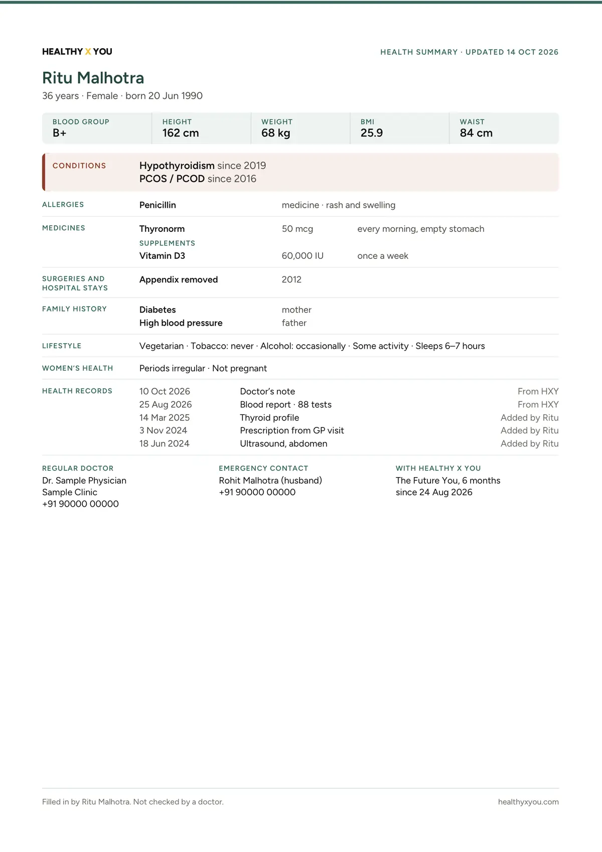 A Health Summary's doctor's copy: one A4 page with the person's basics, conditions, allergies, medicines, history, lifestyle and latest health records.