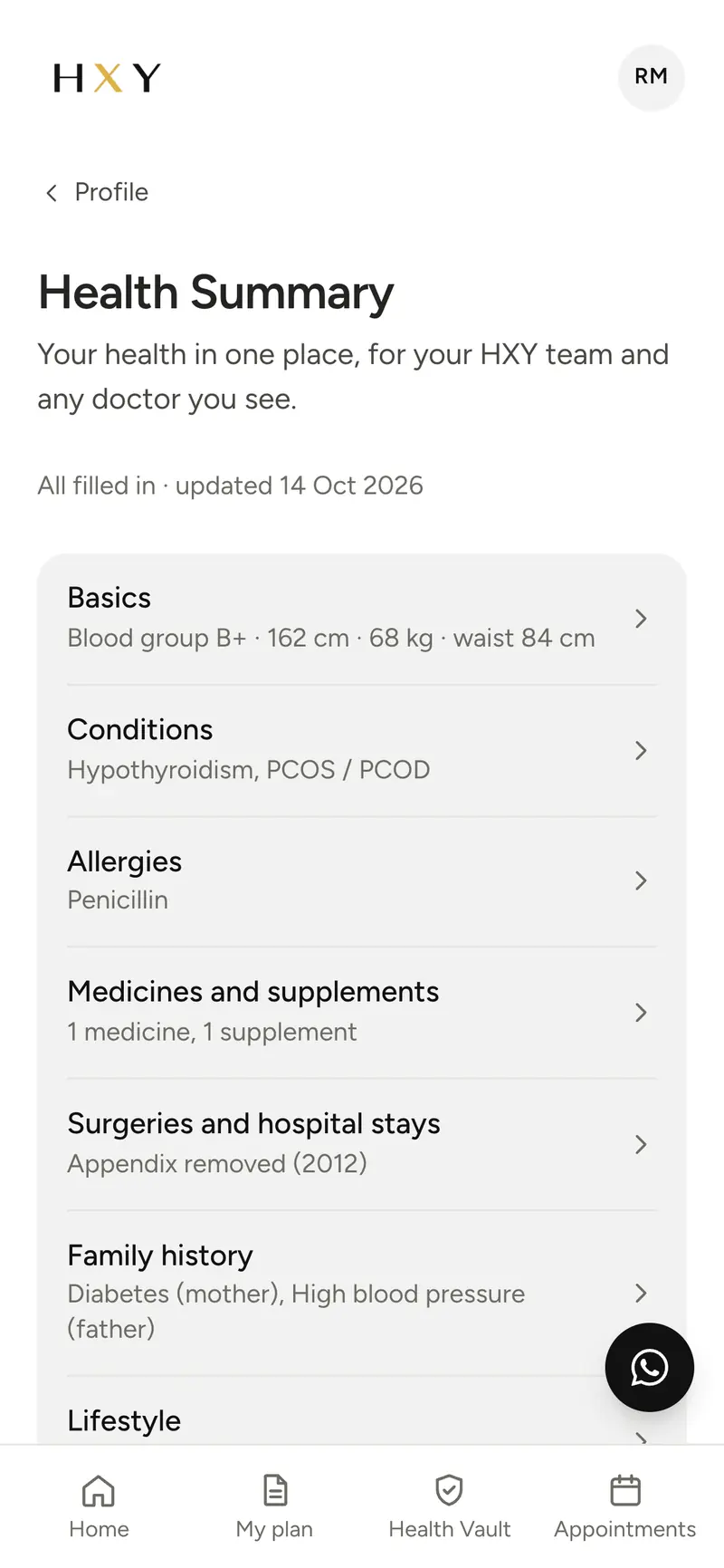 The portal's Health Summary screen: all filled in, one row per section.