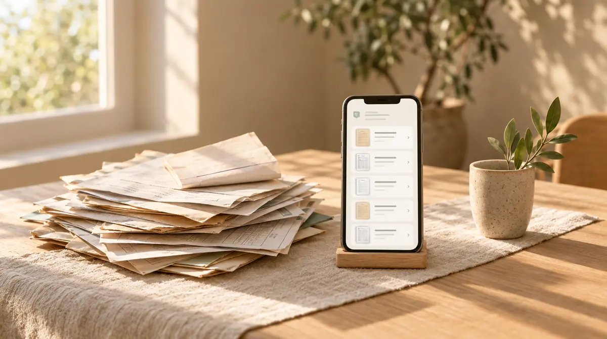 A pile of paper health reports on a sunlit table, beside a phone showing them as one tidy list.