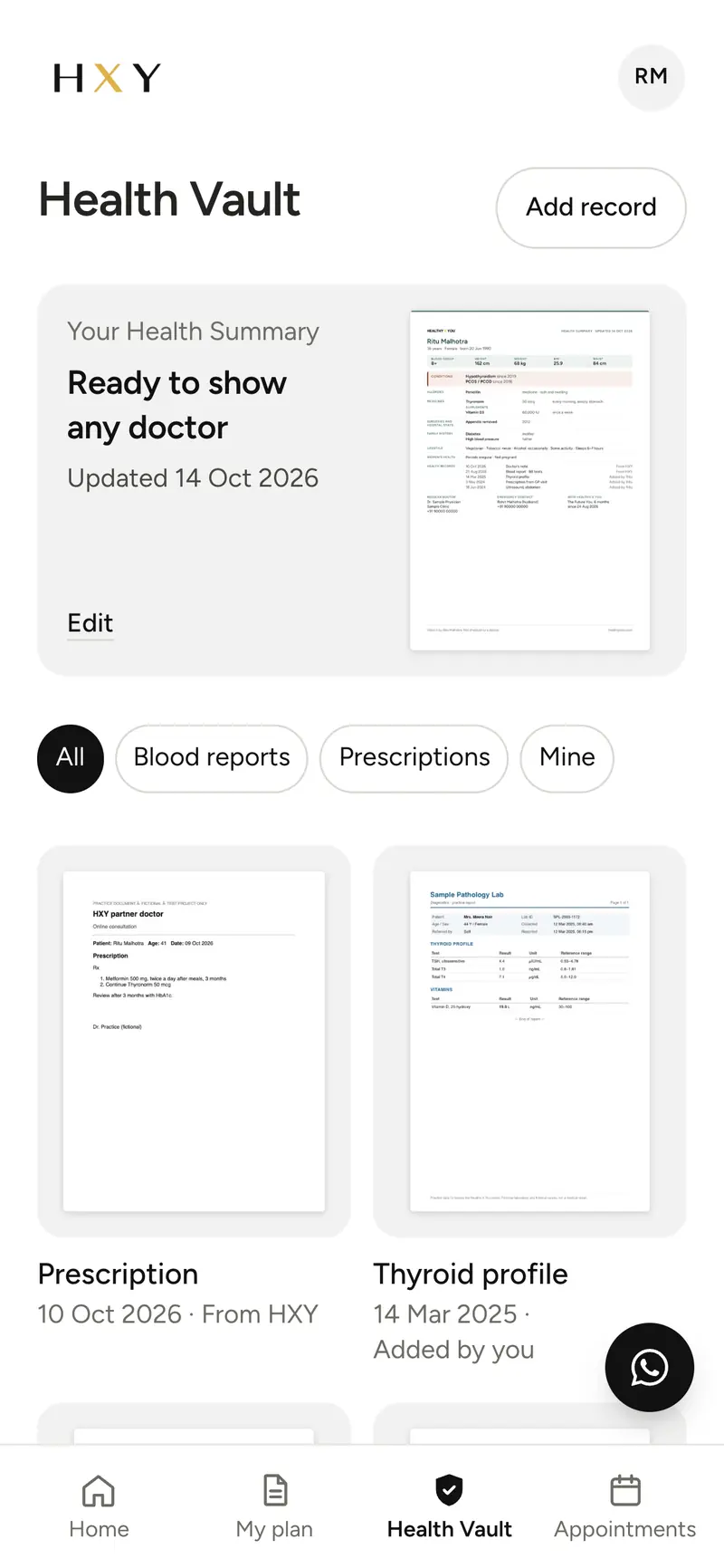 The Health Vault in the HXY portal: the Health Summary card, filters, and records from HXY and added by you.